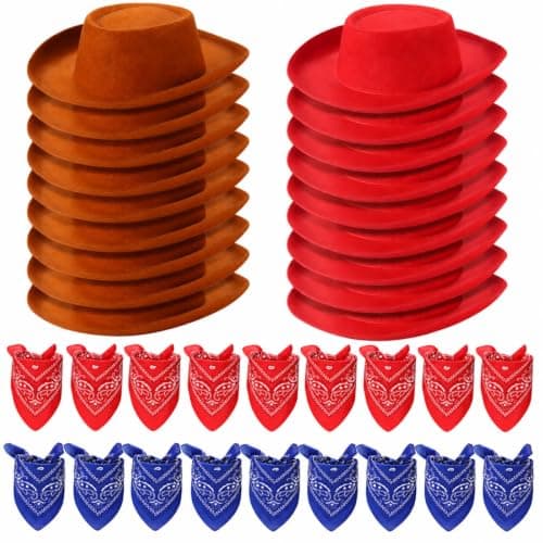 Unittype 36 Pcs Kids Cowboy Hats and Bandanas Bulk, Brown, Red, Blue