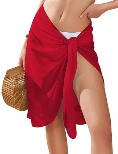 Ekouaer Women's Sarongs Short Sheer Bikini Skirt Wrap Beach Pareo Chiffon Swimsuit Cover Up, Red, XXL