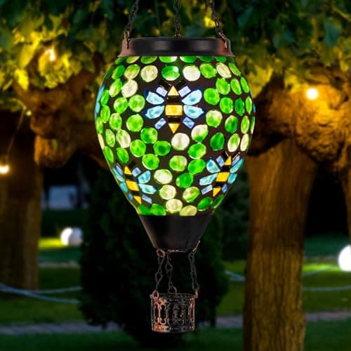 DREAMSKIP Bee Solar Hot Air Balloon Lantern Outdoor Waterproof, Green Mosaic Glass Hanging Solar Lantern Lights, Outdoor Hanging Lights for Patio Yard Garden Gift for Mom Grandma Women