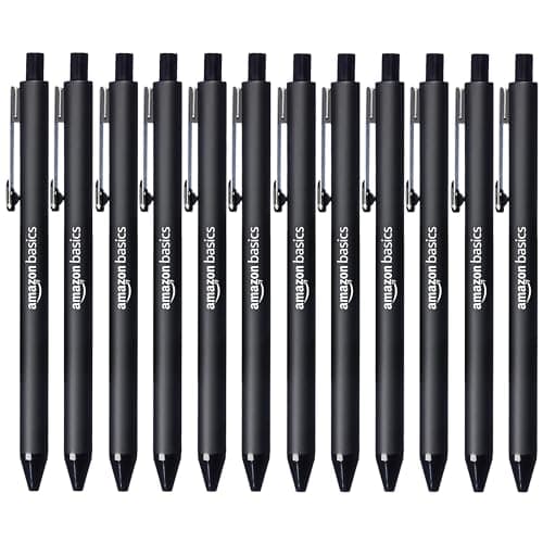 Amazon Basics Retractable Ballpoint Pens with Comfortable Grip for Smooth Writing, Black, Note-Taking, Office and School Supplies, 12-Pack