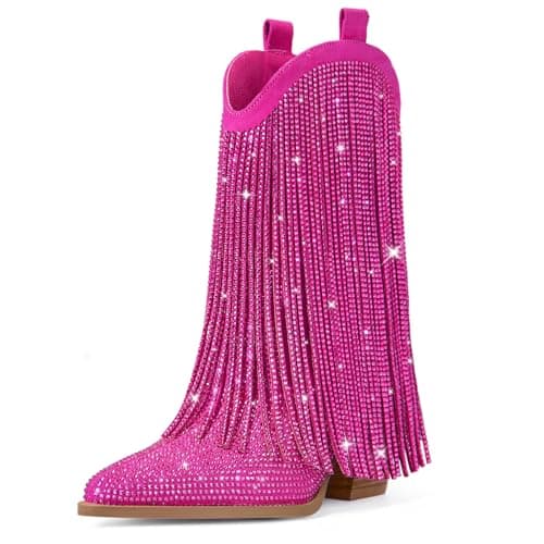 Ouepiano Cowboy Boots for Women Pink Cowgirl Boots with Fringe, Size 7