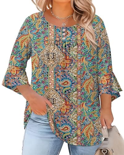 Rapbin Plus Size Summer Outfits for Women 3/4 Length Sleeve Tops Crew Neck Button Blouses Flowy Tunic (Boho Print, 3XL)