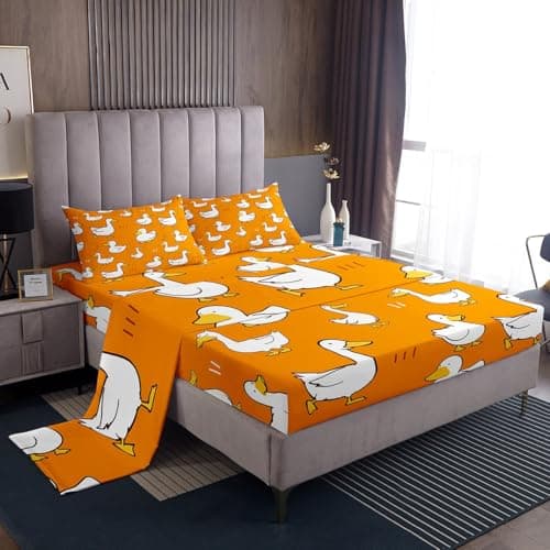Erosebridal Lovely White Goose Sheet Set Full Size,Kids Bed Sheets for Child,Cartoon Duck Doodle Bedding Set,Hand Drawn Cute Farmhouse Animal Fitted Sheet + Top Sheet + 2 Pillowcases Wrinkle Free
