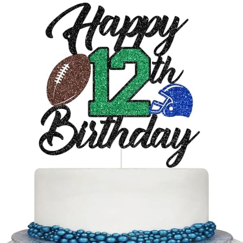 Football Happy 12th Birthday Cake Topper, Rugby Player 12th Birthday Cake Decorations, Football Rugby Sports Themed Bday Anniversary Party Decorations Glitter