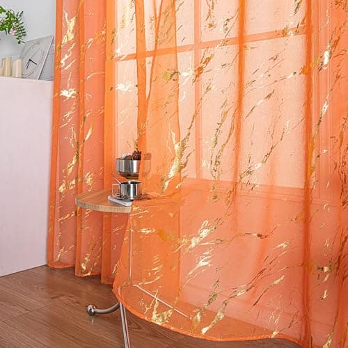 Lavyhuno Gold and Orange Marble Sheer Curtains 2 Panels,Metallic Golden 84 Inch Length for Bedroom Living Room, Rod Pocket Privacy Glam Glitter for Halloween Decor Window Treatments, 52" X 84"
