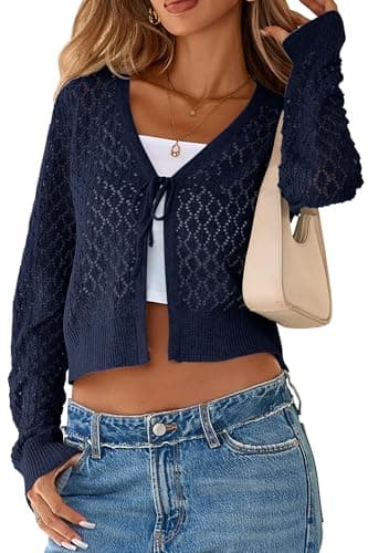 SimpleFun Tie Front Cardigan for Women Cropped Crochet Sweater Going Out Knitted Shrug Navy Blue,XL