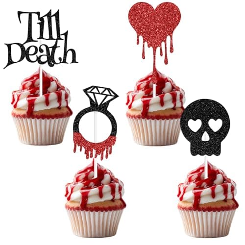 16 PCS Glitter Till Death Cupcake Toppers, Till Death My Love/We Are Simple to Be, Funny Halloween Wedding Bridal Shower Party Decorations Supplies