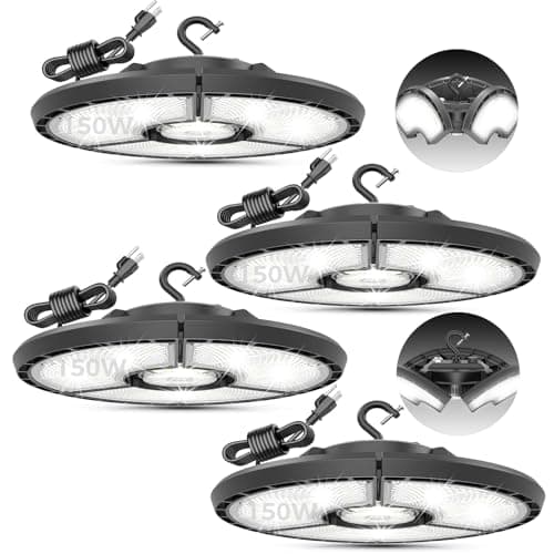 RUNBARRY High Bay LED Shop Lights, 150W 24,000LM UFO LED High Bay Light with US Plug 6FT, IP65 Waterproof UFO Light for Workshop Stadium Garage Lighting – 6000K Daylight 4 Pack
