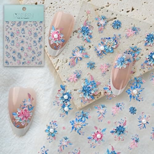 CESTSIREN Flower Nail Art Stickers, Blue Floral Nail Decals, Self-Adhesive, Nail Accessories & Supplies, Durable & Long-Lasting