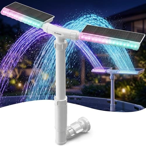 Prapark Solar Pool Fountain with Lights, Dual-Head Adjustable Spray & Timer, Remote Control, Auto Dusk Sensor, 10-Color LED Modes & 15°F Cooling Spray for Above & Inground Pools (White)