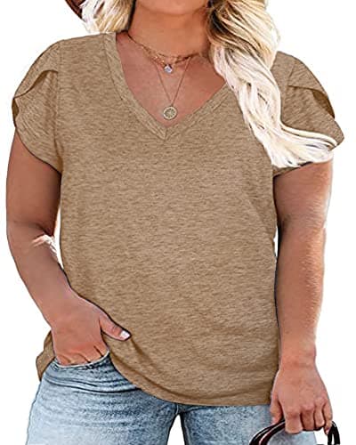 Womens Plus Size Tops V Neck T Shirts Casual Loose Petal Sleeve Tee Shirts Khaki