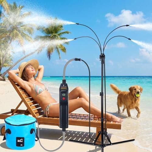 Standing Misters for Outside Patio, 5.3 FT Adjustable Height Misting System with Rechargeable Water Pump & Portable Bucket, No Faucet Needed, Outdoor Cooling Mister for Patio, Backyard, Porch & Lawn