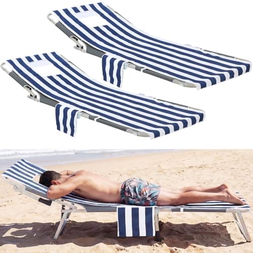 Mindsoft 2 Pcs Cover for Tanning Chair Lounge Chair Towel Cover Microfiber Chaise Lounge Towel with Face Hole and 3 Pocket for Sunbathing Outdoor Beach Pool Summer, 75.6 x 24.4 Inch (Blue)