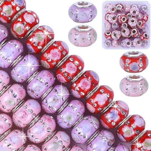 AIPRIDY Lucky Amber Beads and Spacers European Craft Beads with Rhinestones for DIY Charms Bracelet Jewelry Making (Pink+Red+Rose Rose Floral, 50 PCS)