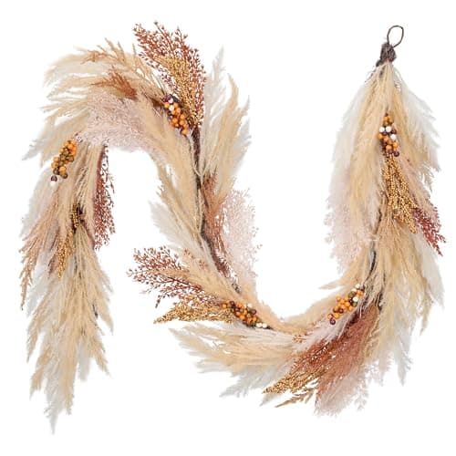DecorbyHannah 6ft Neutral Fall Pampas Grass Garland for Mantle with Lights