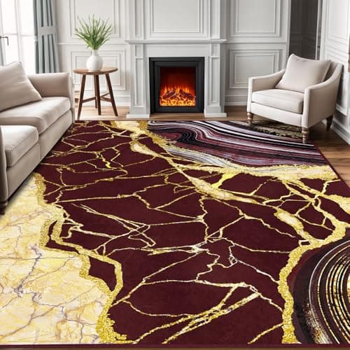ASPMIZ Marble Area Rug 4x6 Washable Rugs for Bedroom, Soft Faux Wool Red and Gold Living Room Rugs Non Slip Modern Floor Carpet Low Profile Large Throw Rug for Dining Room Home Office Decor