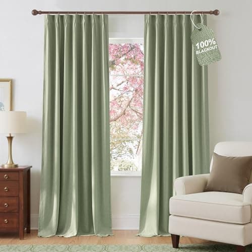 NICETOWN PRO 100% Blackout Sage Green Curtains 108 inch Long, Pinch Pleated Thermal Window Treatments Linen Blended Sound Reducing for Bedroom/Farmhouse, 2 Panels, W40 x L108