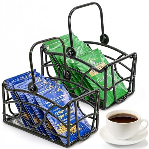 Elsjoy 2 Pack Sugar Packet Basket with Handle, Black Metal Sugar Caddy