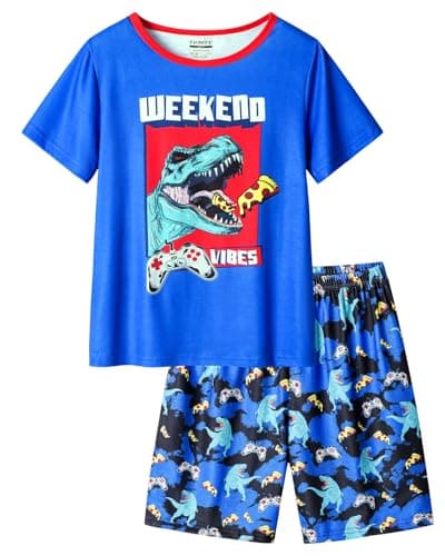 CYCHELRY Little Big Boys Summer Blue Dinosaur Pajamas Short Sleeve and Shorts Soft Nighty PJS 2PCS Sleepwear Set Size 8