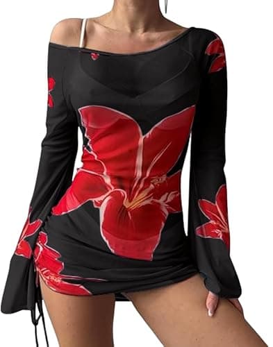 ZAFUL Womens Swimsuit Cover Up Dress Off Shoulder Hollow Coverup Bathing Suit Mesh Swim Beach Dress 0-2Black M