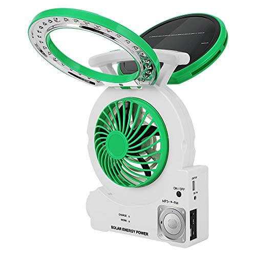 Multi-function Solar Fan, 4000MAH Electric Outdoor Camping Fan with Solar Panel, MP3/Table Lamp/Torch/Cell Phone Charging Function for Camping Home Use and Hurricane Emergency