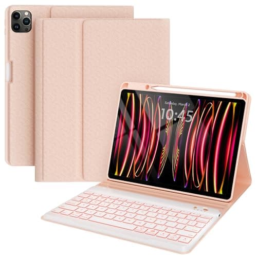 Keyboard Case for ipad air 13 2024, iPad Pro 12.9 inch 2022/2021/2020 (6th/5th/4th Gen) with Pencil Holder,Smart Folio Tablet Cover with 7 Color Backlit Detachable Wireless Keyboard - Pink