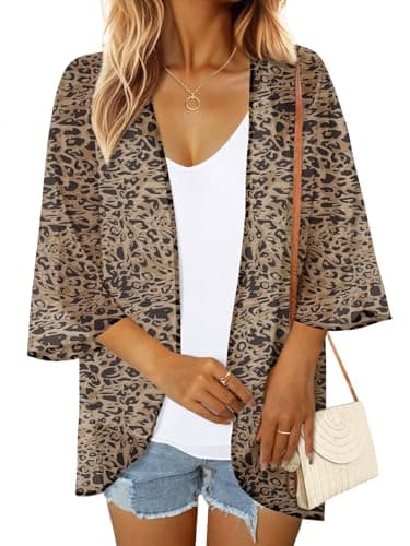 GKBK Women's Floral Print Puff Sleeve Kimono Cardigan Loose Beachwear Capes Swimwear Cover Up Trendy Casual Blouse Tops Ladies Shirts Leopard L