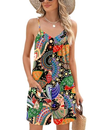 Rapbin Women Summer Casual Sleeveless Spaghetti Strap Boho Wide Leg Short Jumpsuits Rompers 2026 Outfits Clothes(Black Floral,Small)