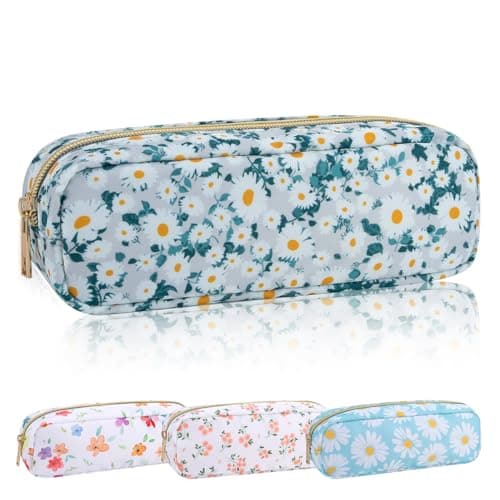 Nylon Floral Small Makeup Bag Slim Pouch, Cute Preppy Makeup Brush Bag Portable Make up Pouch with Zipper, Waterproof Travel Toiletry Bag Coin Purse Storage Organizer for Women Girls(Green Daisy)