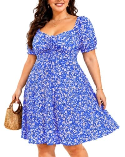 Pinup Fashion Plus Size Summer Floral Dress Boho Puff Sleeve Short Dress
