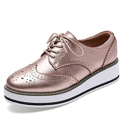 YING LAN Women's Platform Lace-Up Wingtips Square Toe Oxfords Shoe Gold