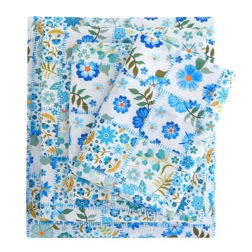Mooreeke Cozy Pastoral Microfiber Printed Twin Sheet Set - Soft & Breathable Blue Green Floral Patchwork Bed Sheets with Extra Deep Pocket - Non-Slip Fitted Design - Floral Patchwork Pattern - Twin