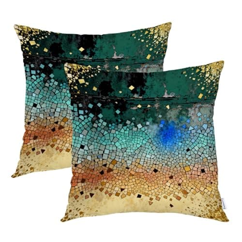 Batmerry Gold Color Yellow 22x22 Inch Set of 2,Yellow Turquoise Old Aging Patterns Blue Double Sided Square Throw Pillow Covers Sofa Decorative Pillowcase Cushion