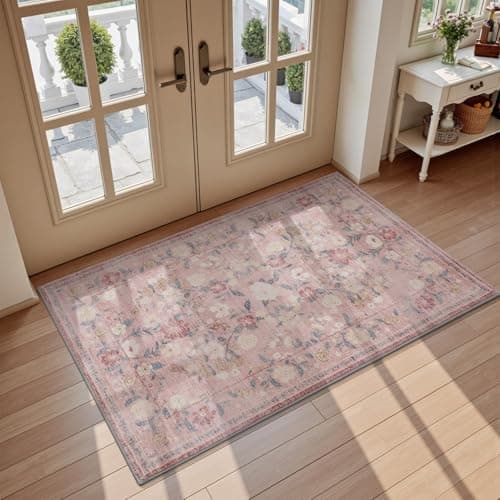 AMOAMI Front Door Mat Indoor Entrance, 2x3 Machine Washable Floral Rugs for Entryway Rug Non Slip Ultra-Thin Soft Boho Small Area Rug Low Pile Throw Rugs for Entrance Kitchen Bathroom, Pink