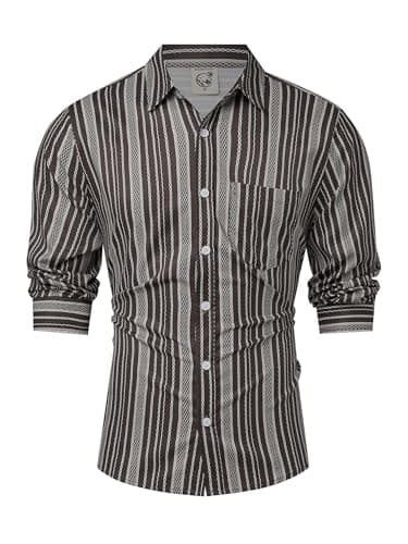 Hardaddy Men's Hawaiian Shirt Long Sleeve Striped Beach Casual Button Down Shirts with Pocket Brown 3XL