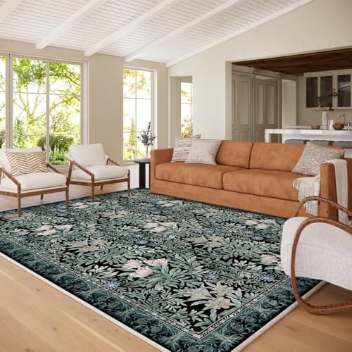 Washable Area Rugs 8x10 Black Green Vintage Floral Botanical Pattern,Perfect for Living Room, Bedroom, Kids Room, Nursery - Stain & Water Resistant Non-Slip, Pet & Child Friendly/Bedroom Decor