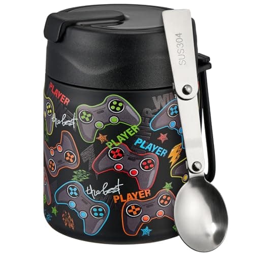Pawtong 17oz Soup Thermo for Hot Food Kids Insulated Vacuum Food Jar with Stainless Steel Spoon Wide Mouth Thermo Leakproof Lunch Food Container Kids Hot Lunch Box (Black-Game)