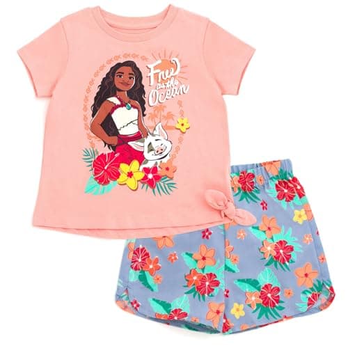 Disney Moana Little Girls T-Shirt and Chambray Shorts Outfit Set Peach Pink Blue 5