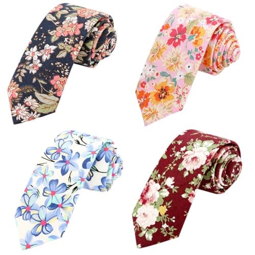 AUSKY 4 Packs Skinny Neckties for Men Boys, 2.35'' Wide Slim Ties Spring Floral Cotton Necktie