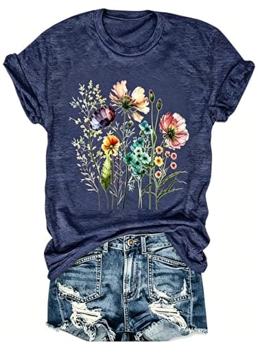 hcihgzr Funny Vintage Boho Wildflower Floral Flower Graphic Shirt for Women Retro Casual Summer Tee Tops(XL,1 Blue)