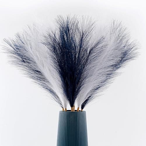 Acfruits Faux Pampas Grass Large Fluffy 27.6Inch Tall, 6Pcs Artificial Fake Flower Boho Decor Bulrush Reed Grass for Vase Filler Farmhouse Home Wedding Decor (6, Navy Blue and White)