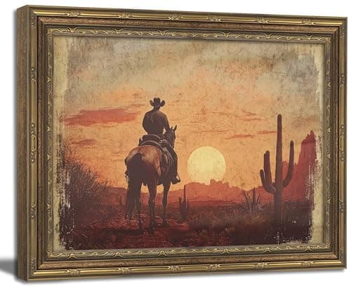 Vintage Gold Framed Wall Art, Vintage Western Cowboy Wall Art Decor- Desert Sunset Horse Picture, Rustic Southwestern Landscape Canvas Print for Living Room, Bedroom, Office 9x11 Inch