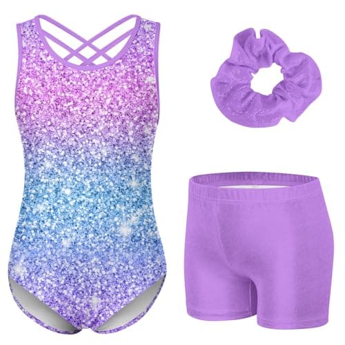 Idgreatim Gymnastics Leotards for Girls Size 5-6 Purple Sparkly Ballet Dance Tumbling Outfits 3 Piece Leotard Unitards Biketards with Gym Shorts