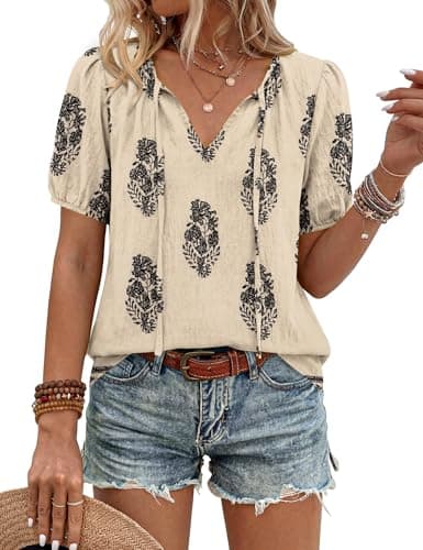 LOMON Boho Tops for Women V-Neck Casual Loose Peasant Blouse Bohemian Shirt Summer Beach Vacation Cover-ups (Apricot Black Floral,XL)