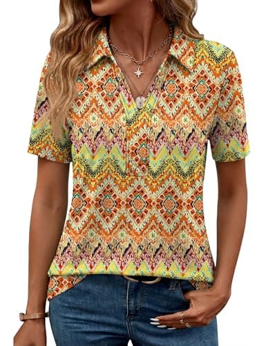 ZHENWEI Women's 1/4 Sleeve Johnny Collar Polo Shirt Cute Dressy Business Office Tops Summer Blouses,Geometric Patterns,M