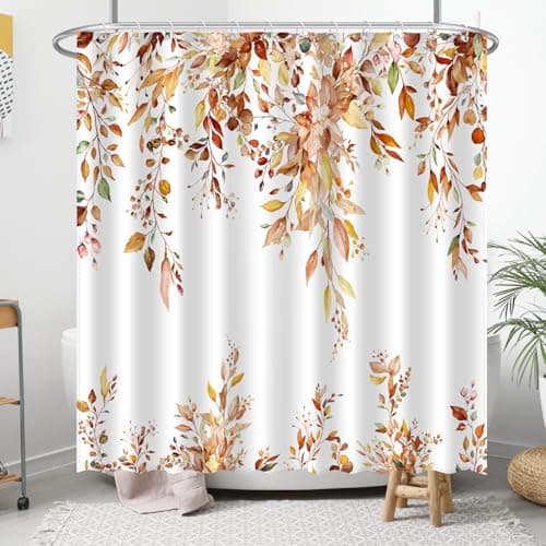 UYDOXCU Fall Eucalyptus Leaves Shower Curtain, Autumn Aesthetic Art Watercolor Plant Leaf with Floral Bathroom Decor, Waterproof Fabric Cloth Bath Curtain Set with Hooks (Brown-Orange, 72" W x 72" L)