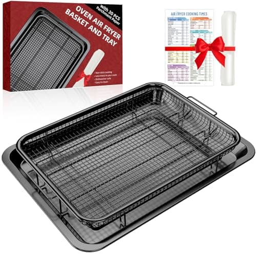 Air Fryer Pans for Oven, Oven Air Fryer Basket and Tray with Cooking Guide & 30 PCS Parchment Papers, DEGOVIN Crisper Tray Non-stick Stainless Steel Air Fry Pans for Convection Oven(15.8" × 11"-Black)