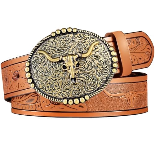 FIORETTO Western Cowboy Belts for Men Women Cowgirl Leather Belt Big Buckle Bull Belt for Jeans Brown