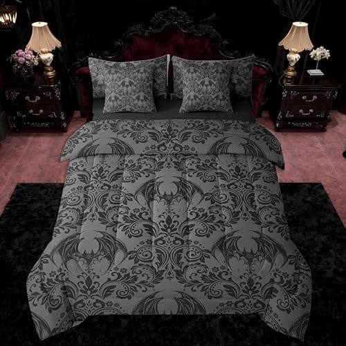 Feelyou Adults Gothic 7 Pieces Comforter Set Twin Size Dark Olive Green Damask Bat Bohemia Boho Bedding Set Goth Vintage Victorian Baroque Floral Bed in a Bag
