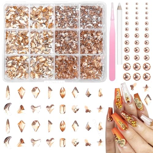Champagne Gold Nail Art Rhinestones Kit Golden Flatback Gems for Crafts Multi Shapes Flat Bedazzling Gems Heart Star Moon Water Drop Square Nail Art Gems Stones for Nails Art DIY Crafts Shoes Clothes